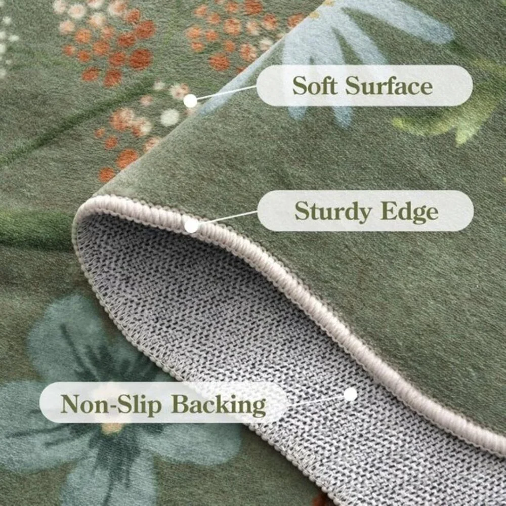 New 5x7 Green Floral Area Rug, Washable Non-Slip Low-Pile Carpet for Living Room